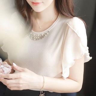 Beaded-neckline Petal-sleeve Chiffon Top