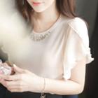 Beaded-neckline Petal-sleeve Chiffon Top