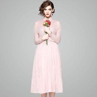 Set: Sleeveless Collared Midi Dress + Cropped Long Sleeve Knit Top