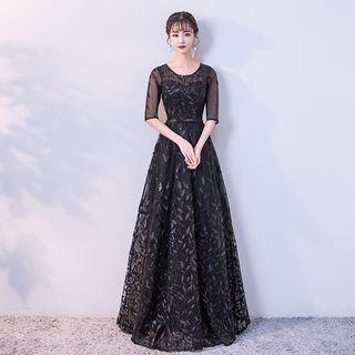 Embroidered Elbow-sleeve A-line Evening Gown