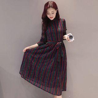 Long-sleeve Striped Midi A-line Lace Dress