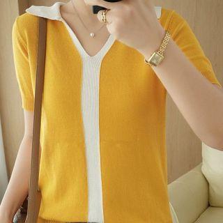 Short-sleeve V-neck Two-tone Loose Fit Knit Top