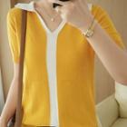 Short-sleeve V-neck Two-tone Loose Fit Knit Top
