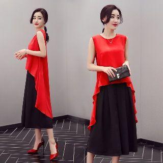Set: Sleeveless Dip-back Top + Wide-leg Cropped Pants
