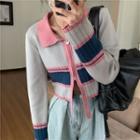 Long-sleeve Color Block Zip Knit Top Pink & White - One Size