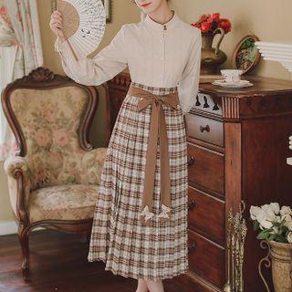 Set: Stand Collar Blouse + Plaid Midi A-line Skirt