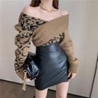 Off-shoulder Leopard Print Panel Sweater / Faux Leather Skirt