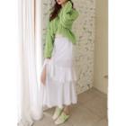 Deep-slit Laced Ruffle-trim Long Skirt