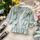 Plain Ruffle-detail Elbow-sleeve Blouse