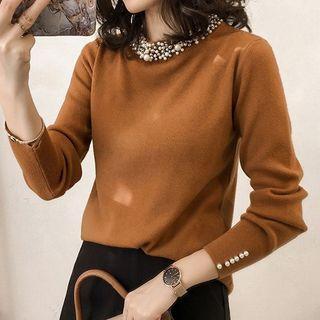 Long-sleeve Faux Pearl Trim Knit Top