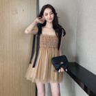 Tie-shoulder Smocked Mini A-line Mesh Dress Light Brown - One Size