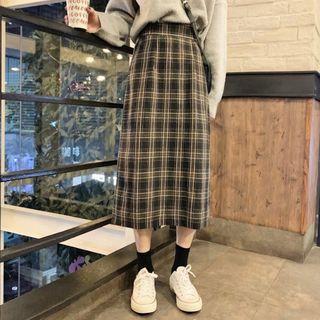 Plaid Midi Straight-fit Skirt Dark Brown - One Size