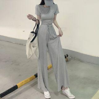 Set : Short-sleeved Top + High Waist Wide Leg Pants