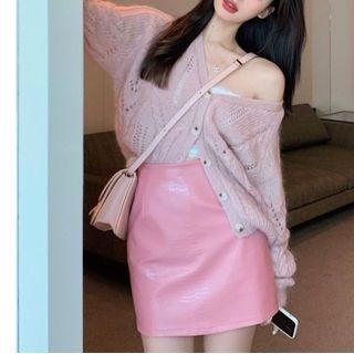 Pointelle Knit Cardigan / Faux Leather Skirt