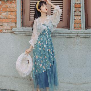 Set: Ruffled Cropped Cardigan + Sleeveless Mesh-panel Print Dress