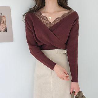 Lace-trim Wrapped Knit Top Black - One Size