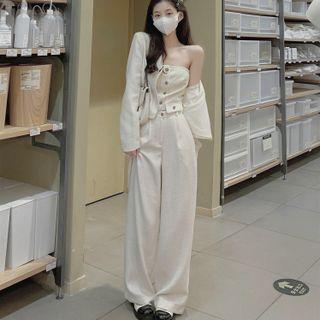 Cropped Cardigan / Button-up Tube Top / Wide Leg Pants