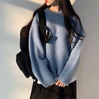 Round-neck Plain Sweater Creamy Blue - One Size