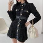 Faux-leather Trim Tweed Minidress