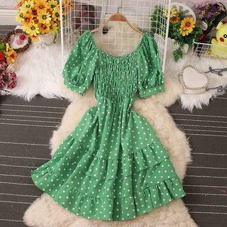Short-sleeve Square-neck Dotted A-line Dress