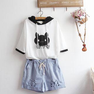 Set: Elbow-sleeve Cat Print Hoodie + Denim Shorts