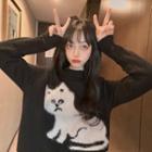 Cat Embroidered Sweater Black - One Size