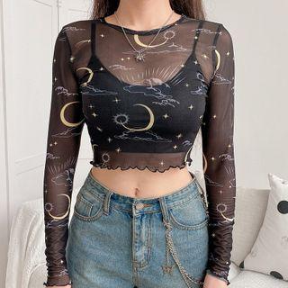 Crescent Print Long-sleeve Cropped Mesh Top