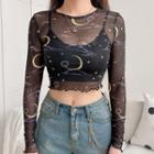 Crescent Print Long-sleeve Cropped Mesh Top