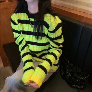 Puff-sleeve Striped Sweater Stripe - One Size