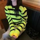 Puff-sleeve Striped Sweater Stripe - One Size