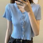 Plain Ruffled V-neck Cropped Cardigan