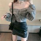 Cold Shoulder Plaid Blouse / Pencil Skirt
