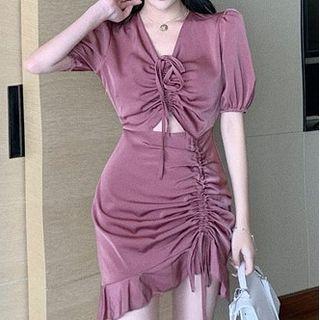 Short-sleeve Drawstring Cutout Mini A-line Dress