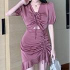 Short-sleeve Drawstring Cutout Mini A-line Dress