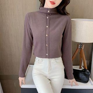 Long-sleeve Button-up Mock-neck T-shirt