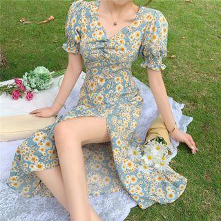 Daisy Puff-sleeve Side-slit Dress