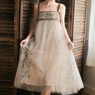Spaghetti Strap Embroidered Mesh Midi A-line Dress / Light Jacket