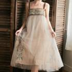 Spaghetti Strap Embroidered Mesh Midi A-line Dress / Light Jacket