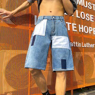 Patchwork Denim Straight Leg Shorts