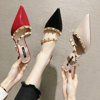 Studded Faux Leather Pointed Kitten Heel Mules