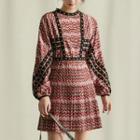 Balloon-sleeve Patterned Mini A-line Dress