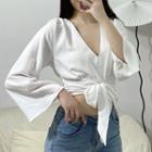 Flared-sleeve V-neck Bow Accent Cropped Blouse