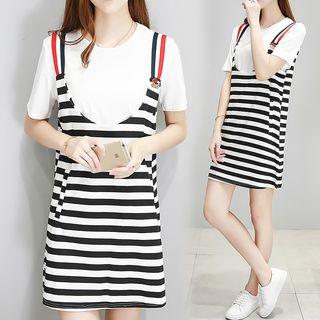 Set : Stripe Strap Dress + Short-sleeve T-shirt
