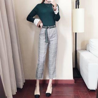 Set: Knit Top + Plaid Crop Straight Leg Pants