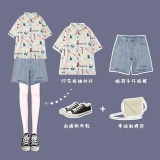 Short-sleeve Printed Shirt / Cutout Denim Shorts