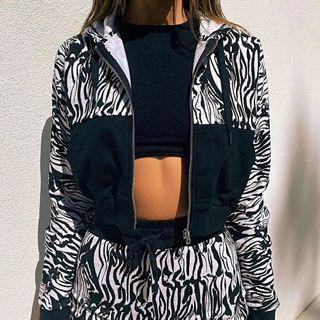 Set: Zebra Print Zip-up Hooded Jacket + Shorts