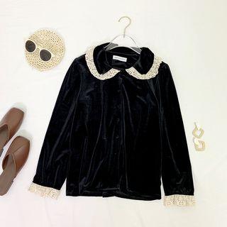 Crochet Collar Velvet Blouse As Shown In Figure - One Size