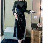 Set: Long-sleeve Plain Top + V-neck Tie-waist Strappy Midi Dress