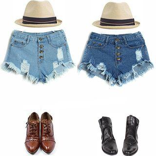 Distressed Tie-waist Straight Fringed Ripped Denim Shorts
