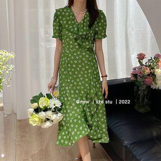 Floral Ruffle-trim Short Sleeve V-neck Dress